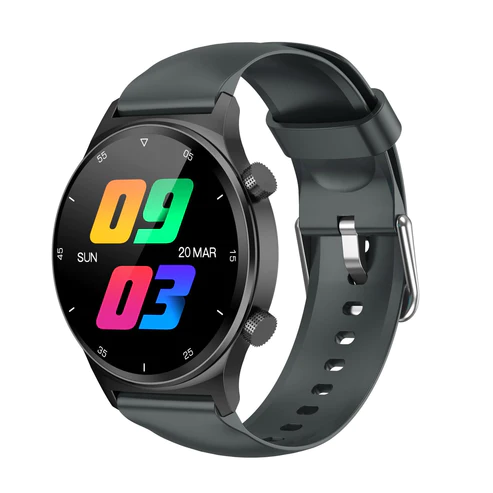 Smart watch esportivo com pulseira preta, display digital e numeros coloridos